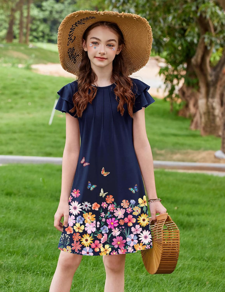 Girls Summer Dress Tween Flutter Sleeve Pleated Front Dresses