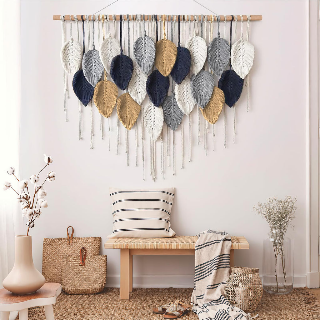 Large Macrame Wall Hanging Boho Leaf Feather Woven Tapestry 39"W x 29.5" L