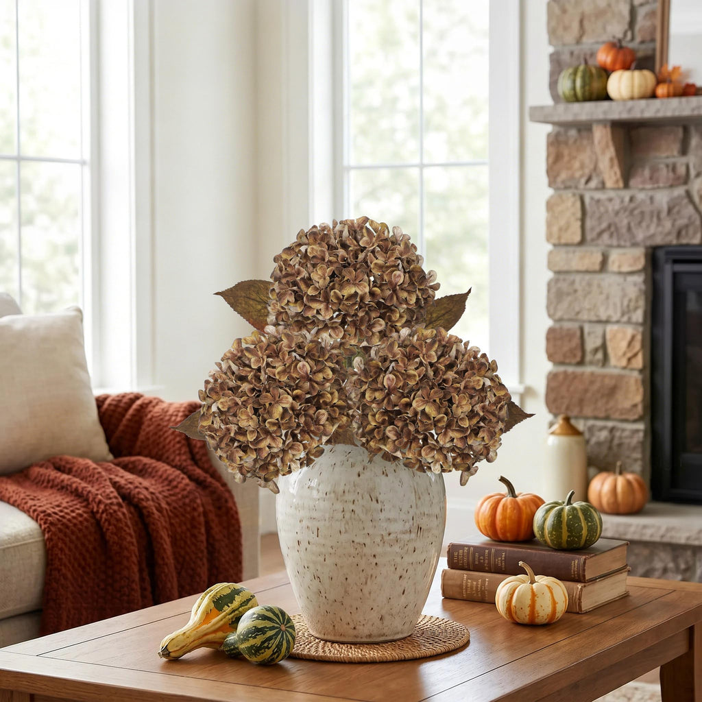 3PCS Fall Brown Large Silk Hydrangeas Artificial Flowers with Stem