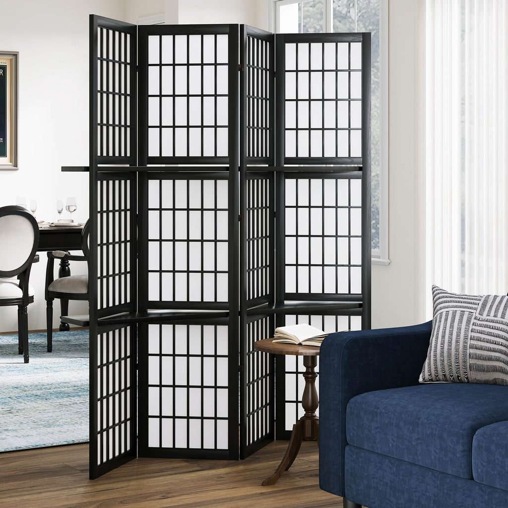 5.6FT Room Divider and Folding Portable Partition Screen, Chinese Japanese Shoji Style with Three Display Shelves for