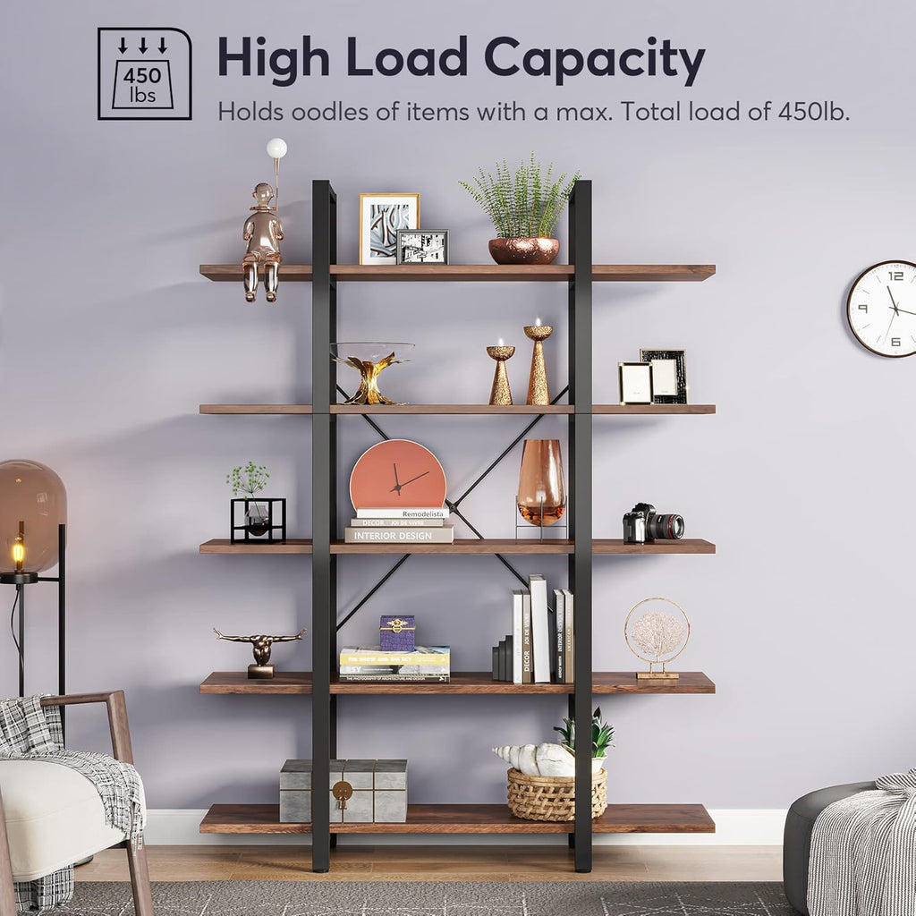 5-Tier Bookshelf, Vintage Industrial Style Bookcase 72 H x 12 W x 47L Inches