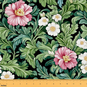 Floral Girls Green Pink Garden Flowers Fabric by The Yard 1 Yard Romantic