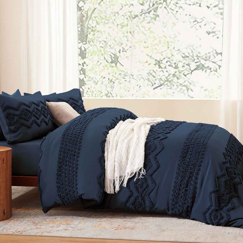 Navy Blue Tufted Comforter Set, 3 Pieces Queen Boho Bedding Set