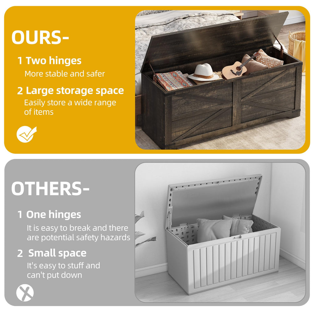 Storage Bench, 47.2" Farmhouse Storage Chest with 2 Safety Hinges, Wooden Storage Organizer, Shoe Bench, Dark Rustic