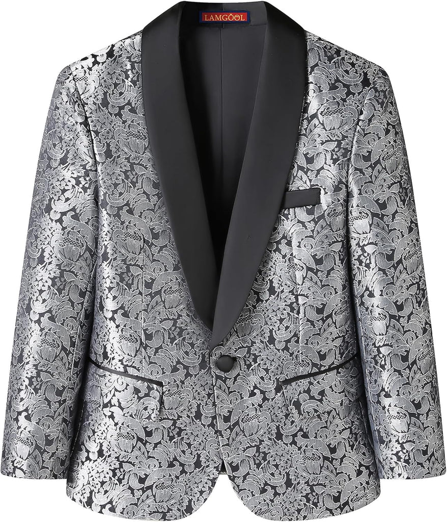 Boys Suit 3 Pieces Slim Fit Tuxedo Formal Set with Floral Jacquard Jacket Pant Vest for Wedding Prom Party