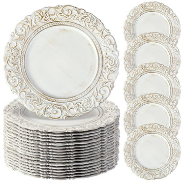 30 Pcs Antique White Charger Plates Bulk Plastic 13", Classic