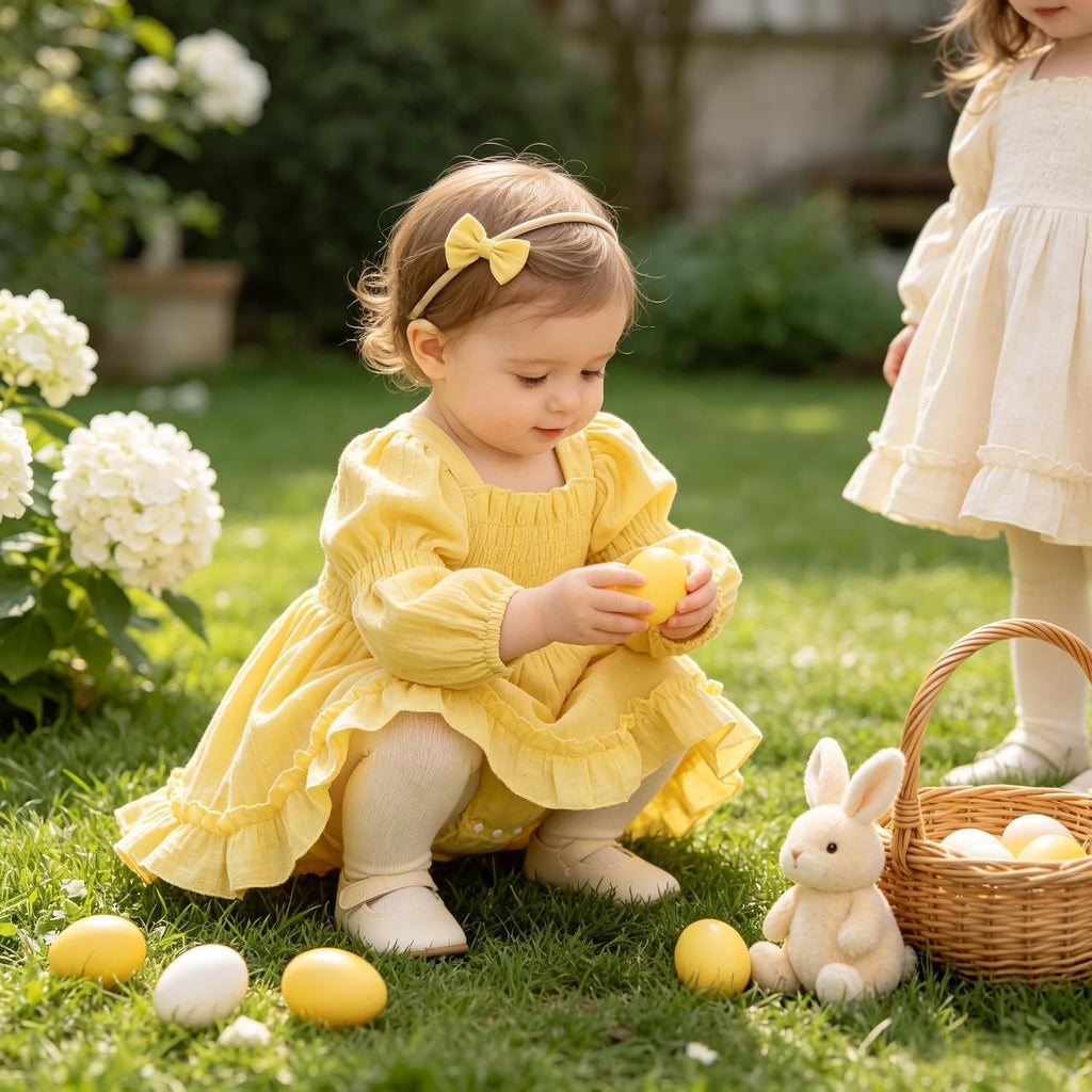 Baby Girl Romper Dress Smocked Long Sleeve Jumpsuit & Headband for Infants