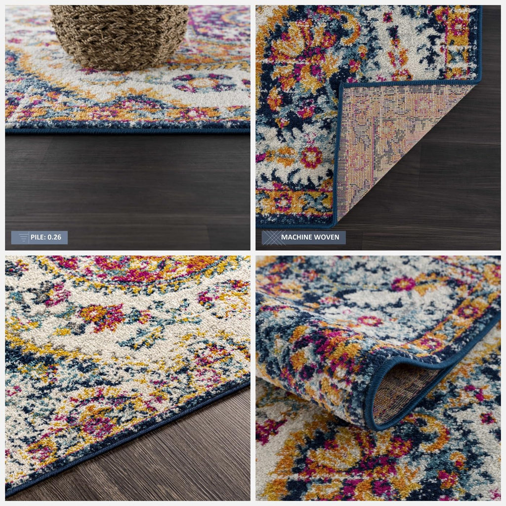 Light Gray Vintage Persian-Style Medallion Large Area Rug Traditional White Fuchsia Mustard Orange Sky Blue Navy