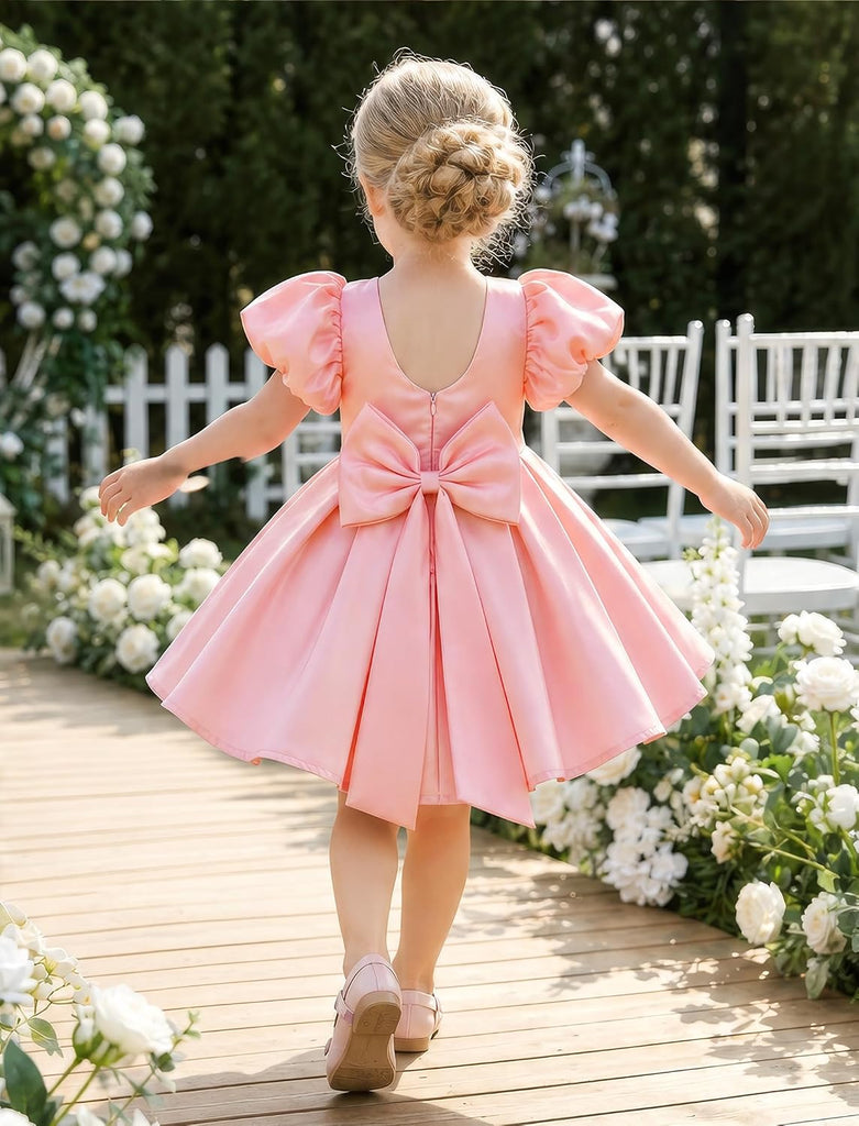 Toddler Flower Girl Dress V-Back Bow Satin Birthday Pageant Dresses