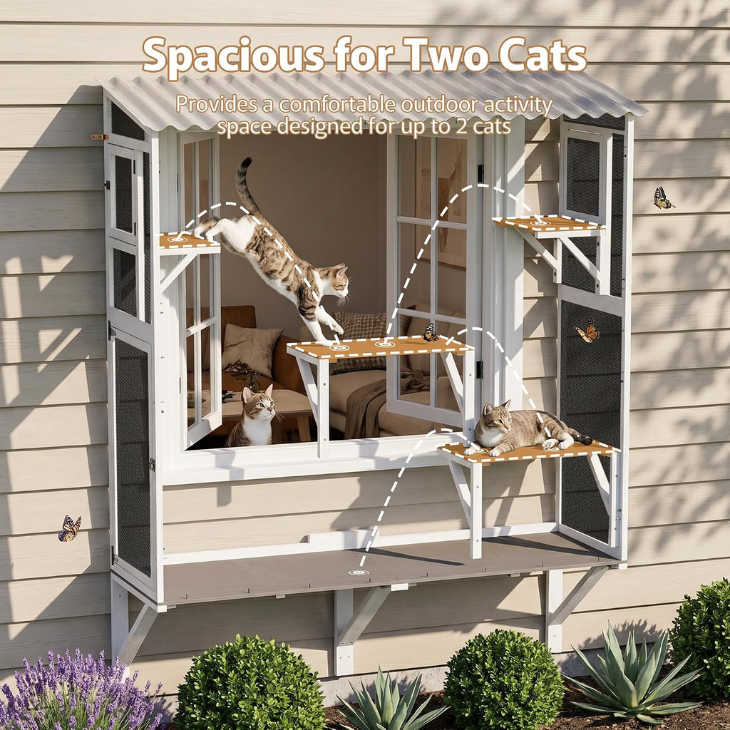 Cat Catio, Window Perch for Multiple Indoor Cats, Comfortable Wooden Window Box, All-Weather Use, Wooden Window