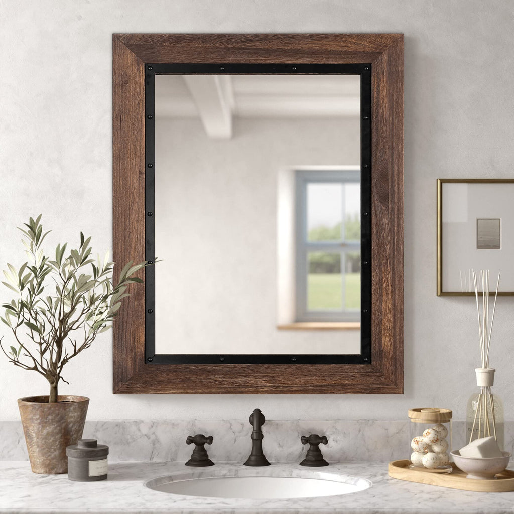 Rustic Wooden Framed Wall Mirror, 40"x26", Natural Wood and Iron Bathroom Vanity Mirror for Farmhouse Decor, Vertical