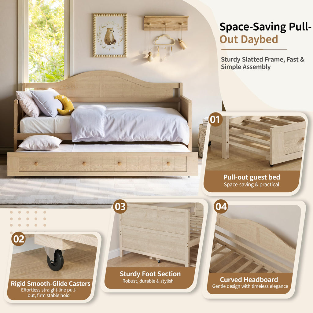 Twin Size Wood Daybed with Trundle, Mid-Century Modern Daybed with Curved Headboard, Twin Trundle Bed with Wood Slat