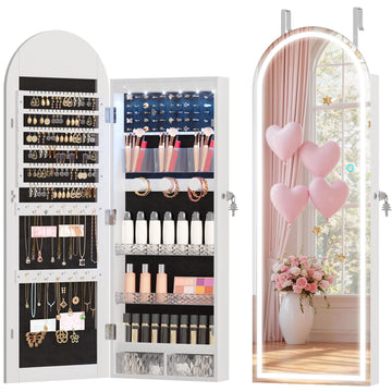 Wall Mounted Jewelry Organizer Lockable, 43"x16" Door Hanging Arched Mirror with Lights and Jewelry Storage, 6 LEDs
