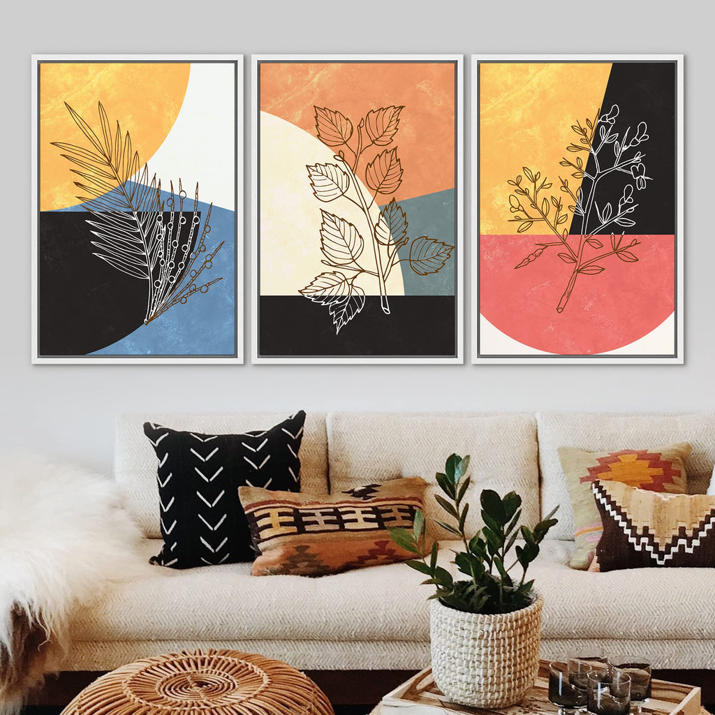 Framed Wall Art Print Set Geometric Mid-Century Color Block Plant Silhouettes Abstract Nature Illustrations Modern
