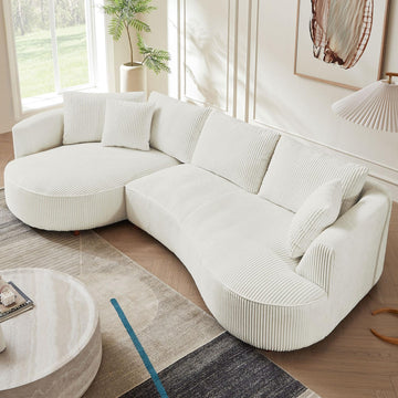 Modern Curved 4-Seat White Corduroy Fabric Sofa, 122.04"W x 65.35"D x 26"H, Left Hand Facing, Tufted Back, Armless