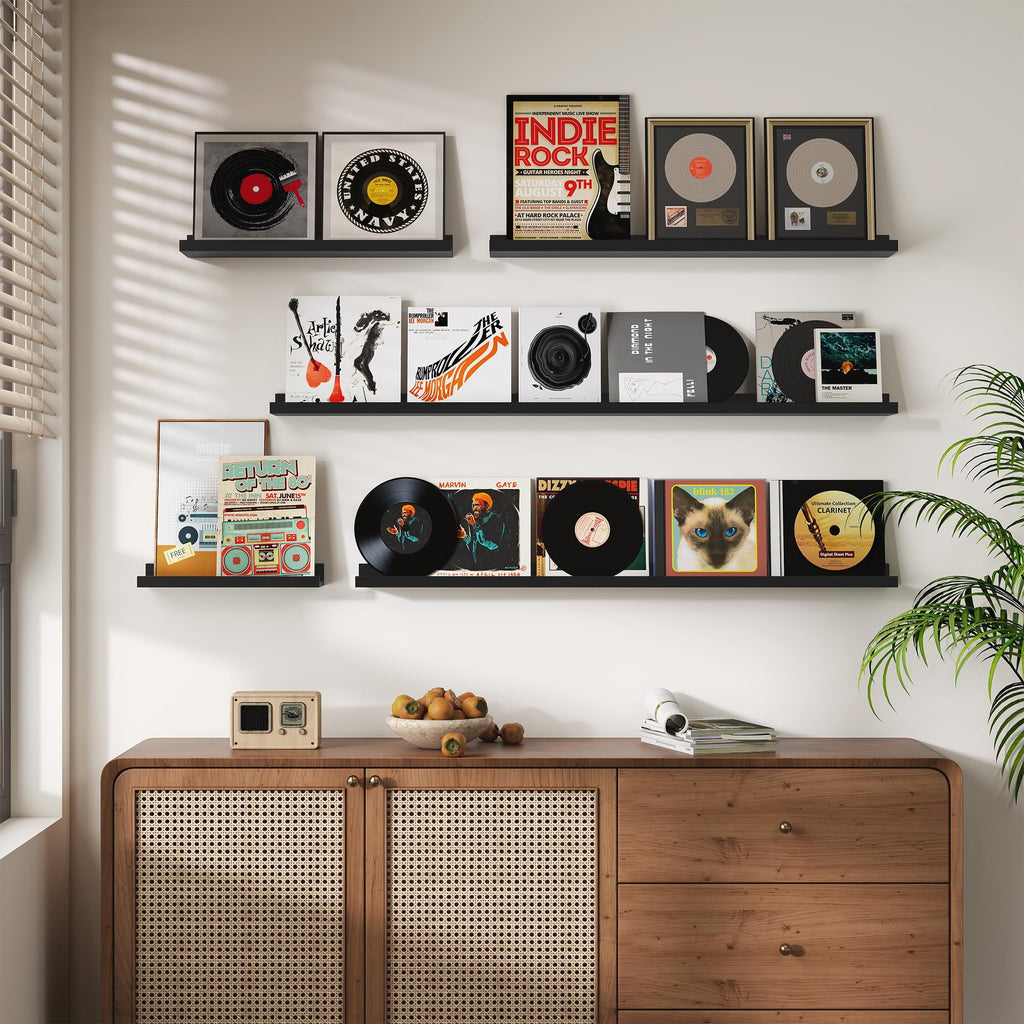 Picture Ledge Shelf, 36 inch Long Floating Shelves for Wall Set of 4, Black Picture Shelf with Lip for Wall