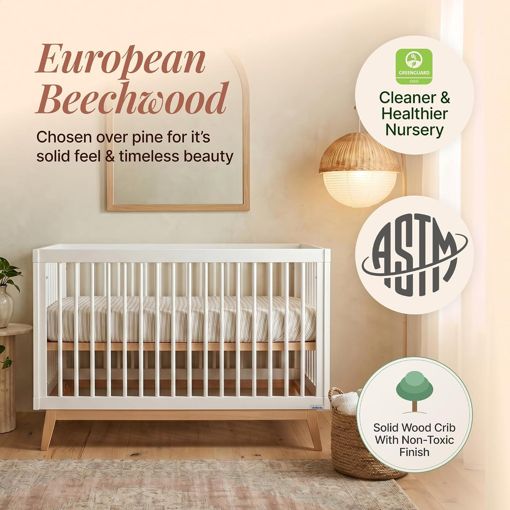 Baby Soho 3-in-1 Convertible Wood Crib, Made in Italy, White/Natural | Crib to Toddler Bed, GREENGUARD Gold