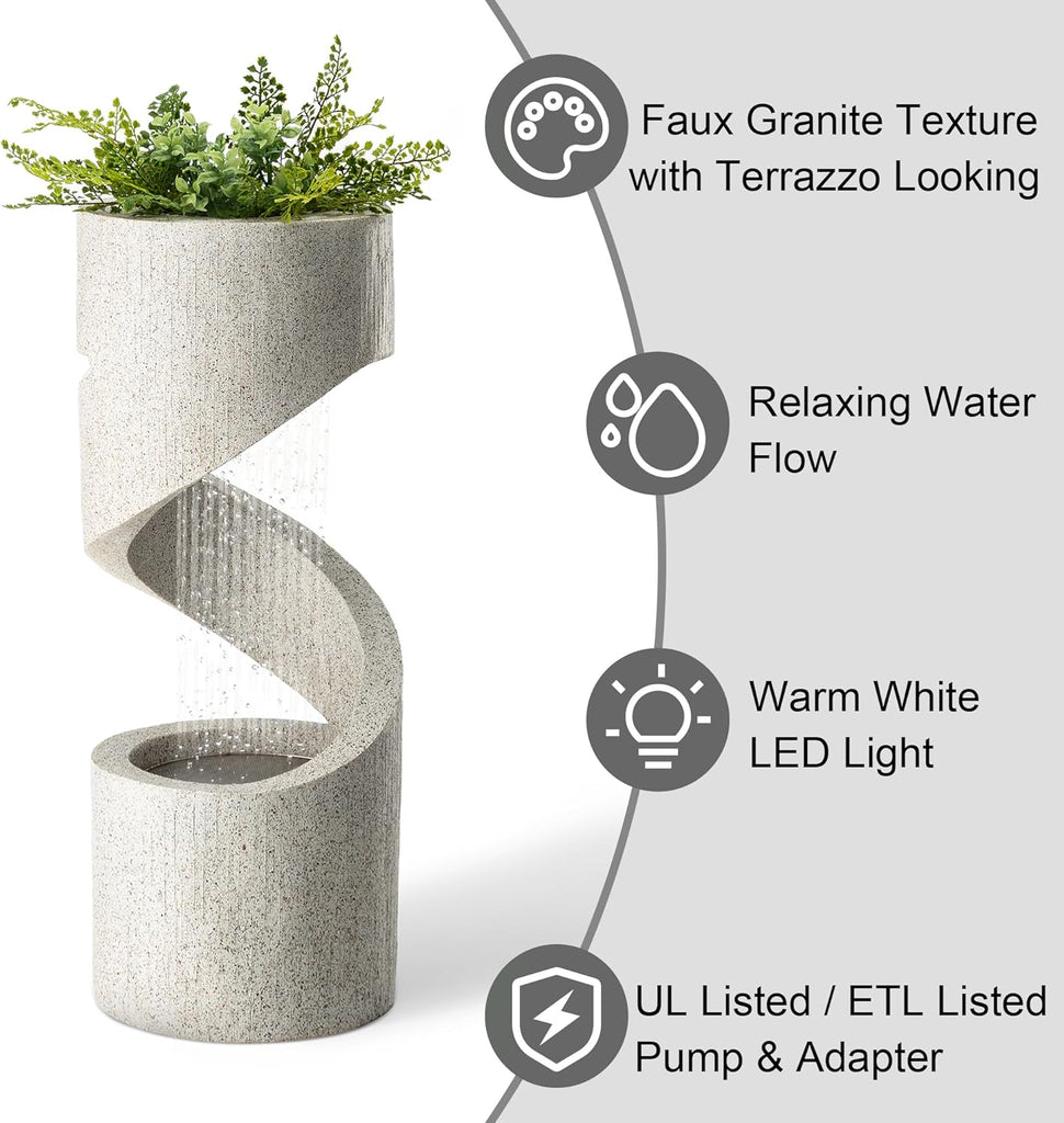 Outdoor Water Fountain with LED Light, Decorative Tiered Curved Waterfall Fountain with Stone Planter, Faux Terrazzo