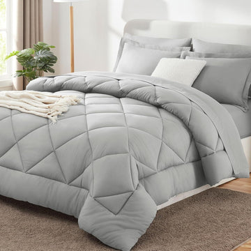 Comforter Sets Light Grey - 7 Pieces Bed in a Bag, Luxury Soft Bed Set for All Seasons