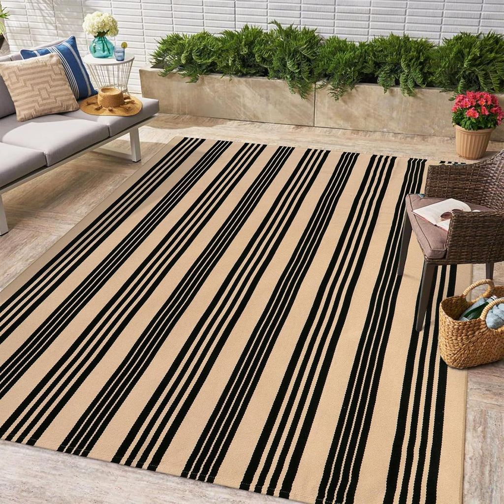 Outdoor Patio Rug 5'x7', Black and Tan Striped Outdoor Rugs Machine Washable Area Rugs Cotton Hand W