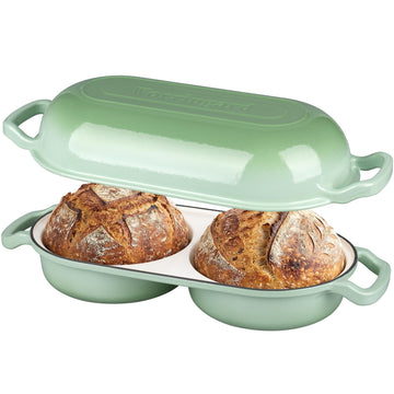 Enameled Cast Iron Double Dutch Oven with Lid, Dual Round Loaf Pan, Bread pan made Sourdough Bread Baking, Green