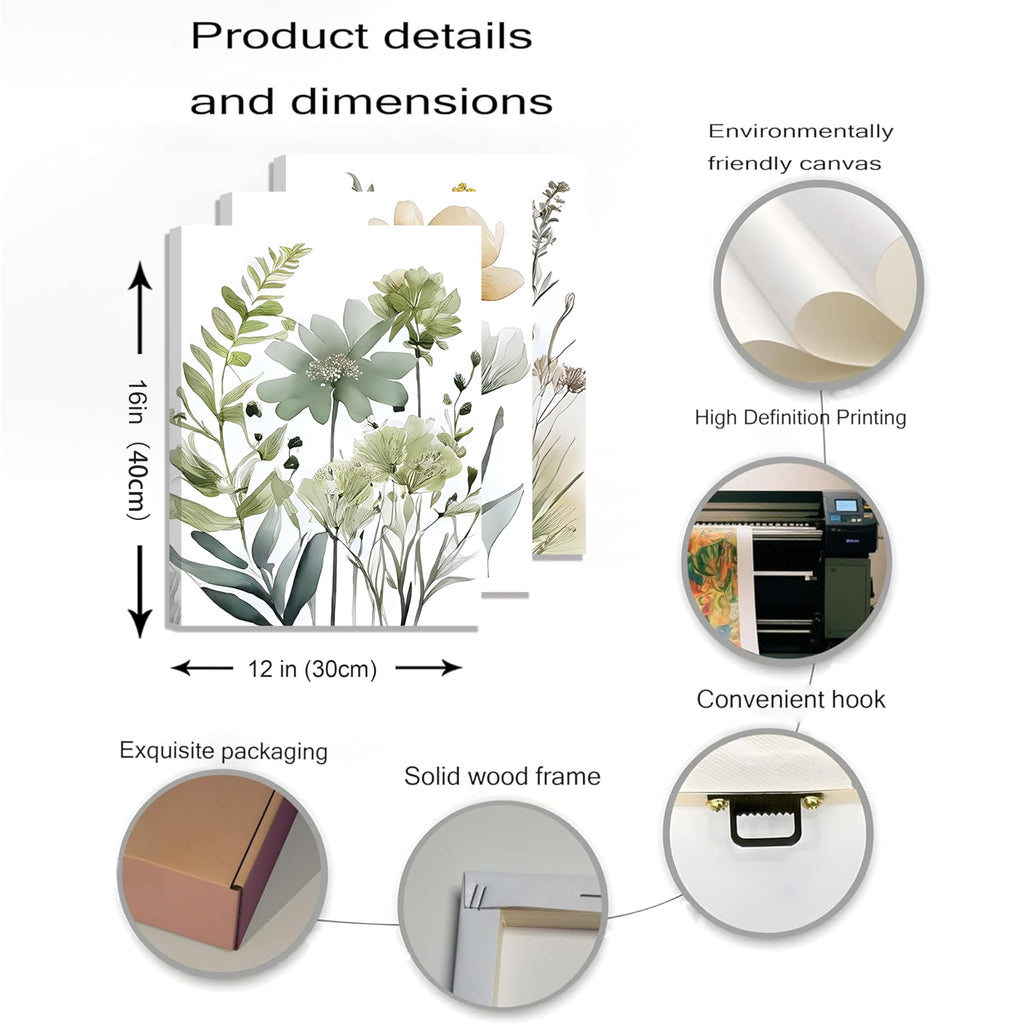 Framed Sage Green Botanical Wall Art Set of 3 Boho Floral Canvas Wall Decor Paintings Minimalist Flower Posters