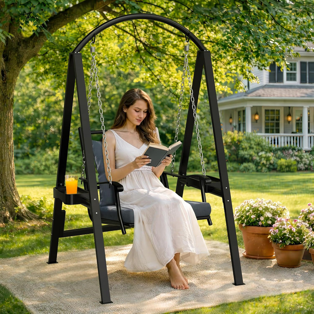 Porch Swing with Stand, 350lbs Heavy-Duty Metal Frame Outdoor Swing for Adults with Dual Side Trays, Adjustable