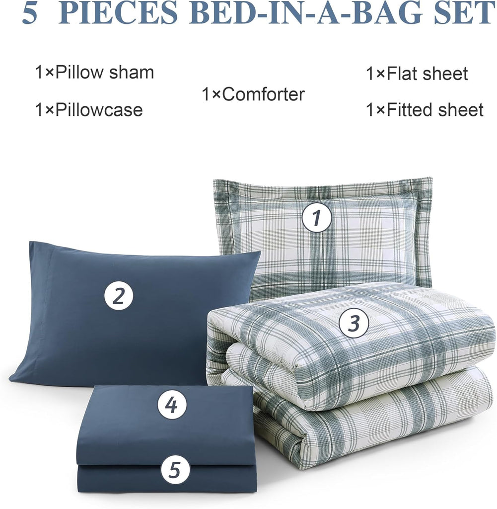 Twin XL Comforter Set, Blue Grey Plaid Bedding Set 5 Piece for Boys Girls Teen, Classic Homestead-Style Kids