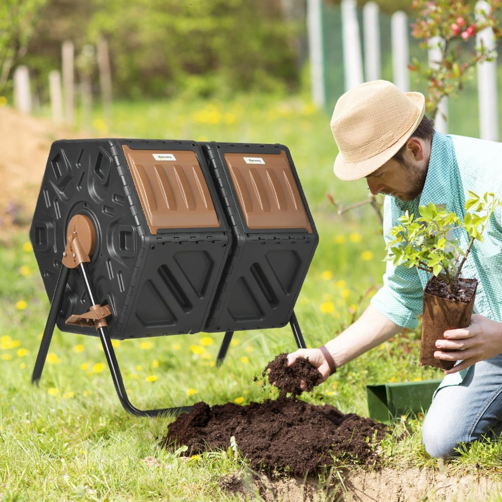 Outdoor Dual Chamber Compost Tumbler Bin with 24 Ventilation Openings and Steel Legs for Garden, Kitchen, Yard