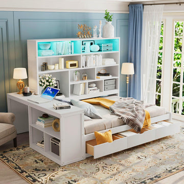 Full Size Wooden Daybed with Desk, Shelves and Lights (White/L, Full)