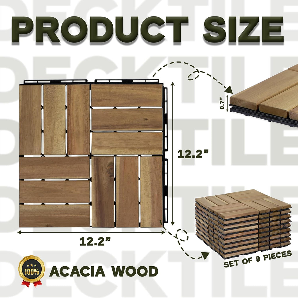 Natural Acacia 12x12 Interlocking Wood Deck Tiles for Balcony, Garden, Patio, Poolside Decor - Waterproof Indoor &