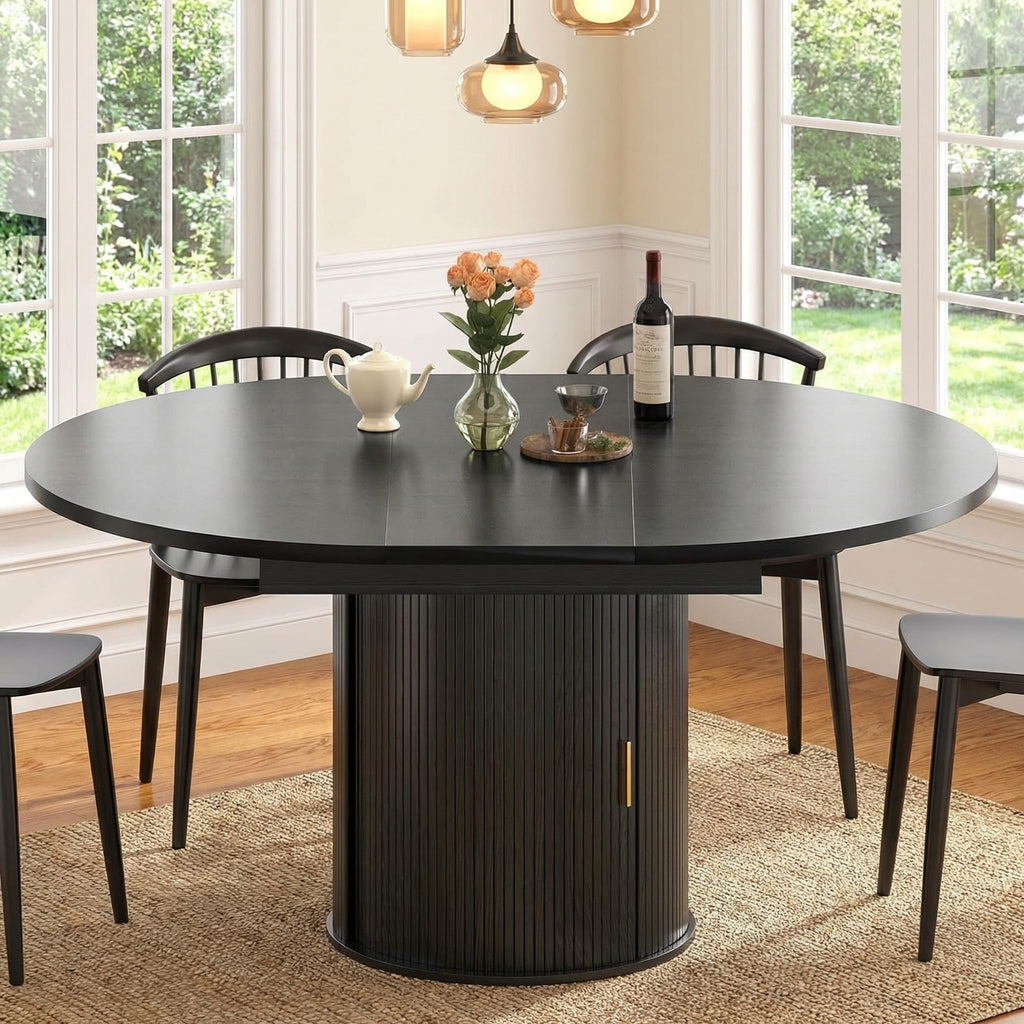 Round Dining Table: 47′′-63′′ Kitchen Table for 4 6 8 with Dust-Proof 2-Tier Storage Shelf Space Saving, Modern