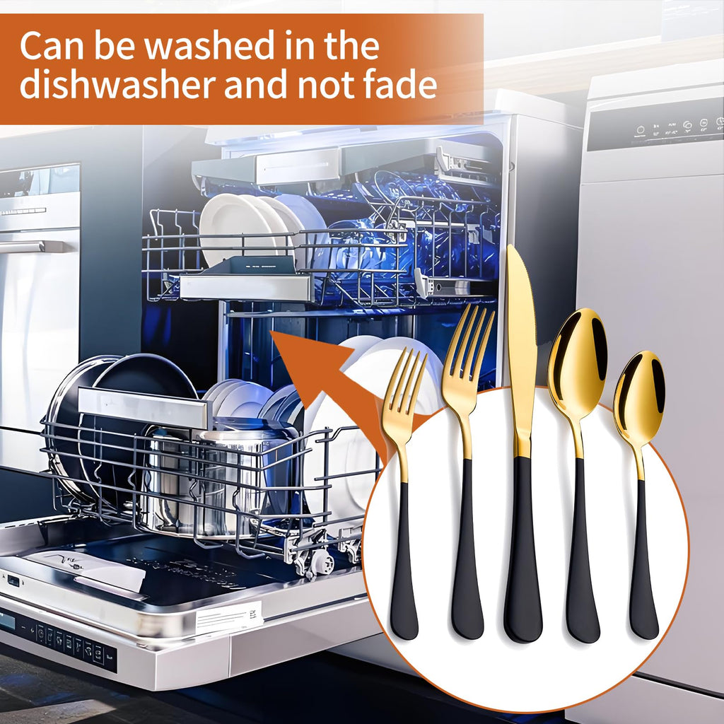20 Piece Gold and Black 18/0 Flatware Utensil Set for 4, Include Dinner Knife,Dinner Forks,Dinner Spoons,Salad