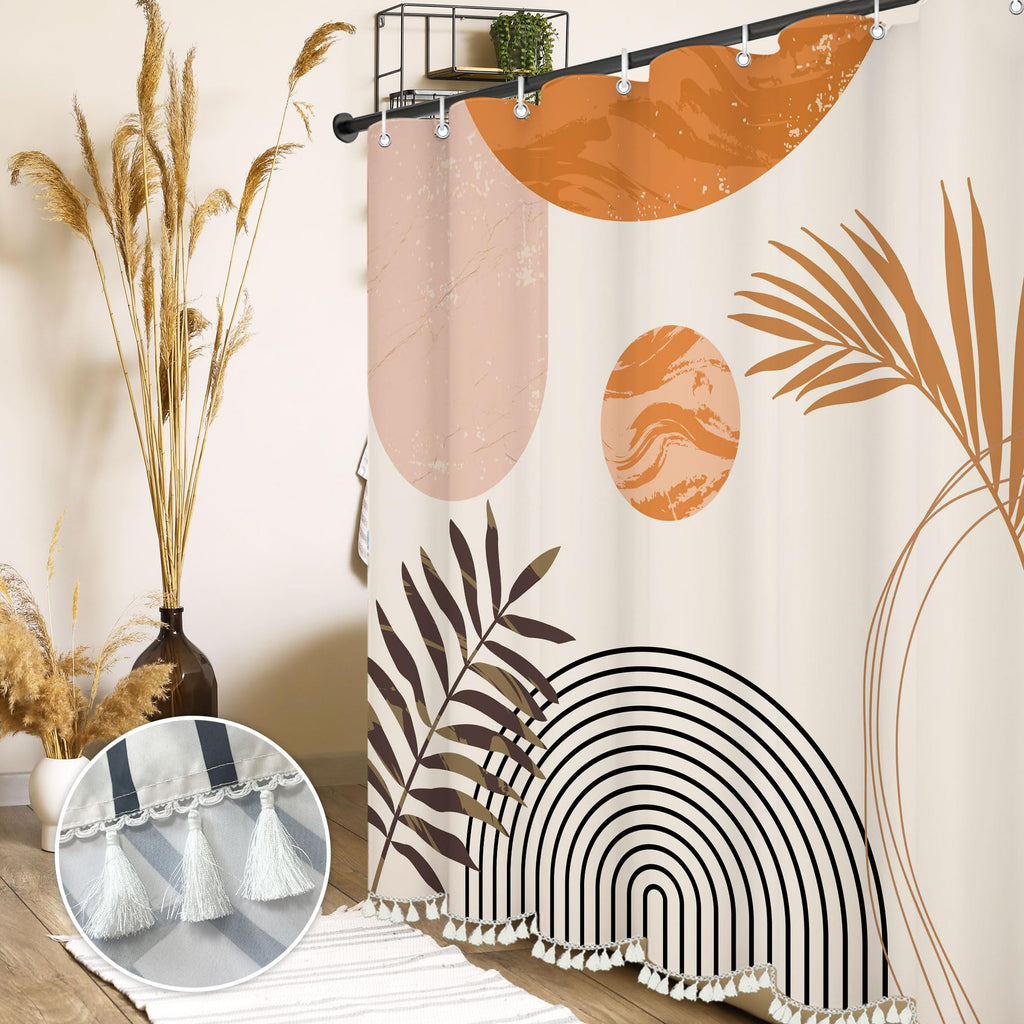 Boho Mid Century Leaf Shower Curtain Set, Arch Sun Design, Minimalistic Leaves Pattern, Waterproof and Luxurious
