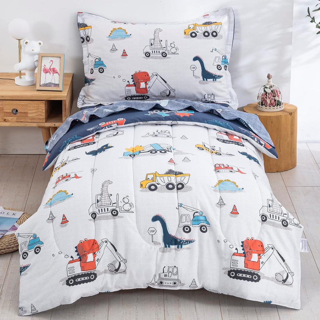 Cotton Twin Bedding Set, Dinosaur Cars Reversible Twin Comforter Set for Kids Boys Girls, 4 Pieces Bed in a Bag