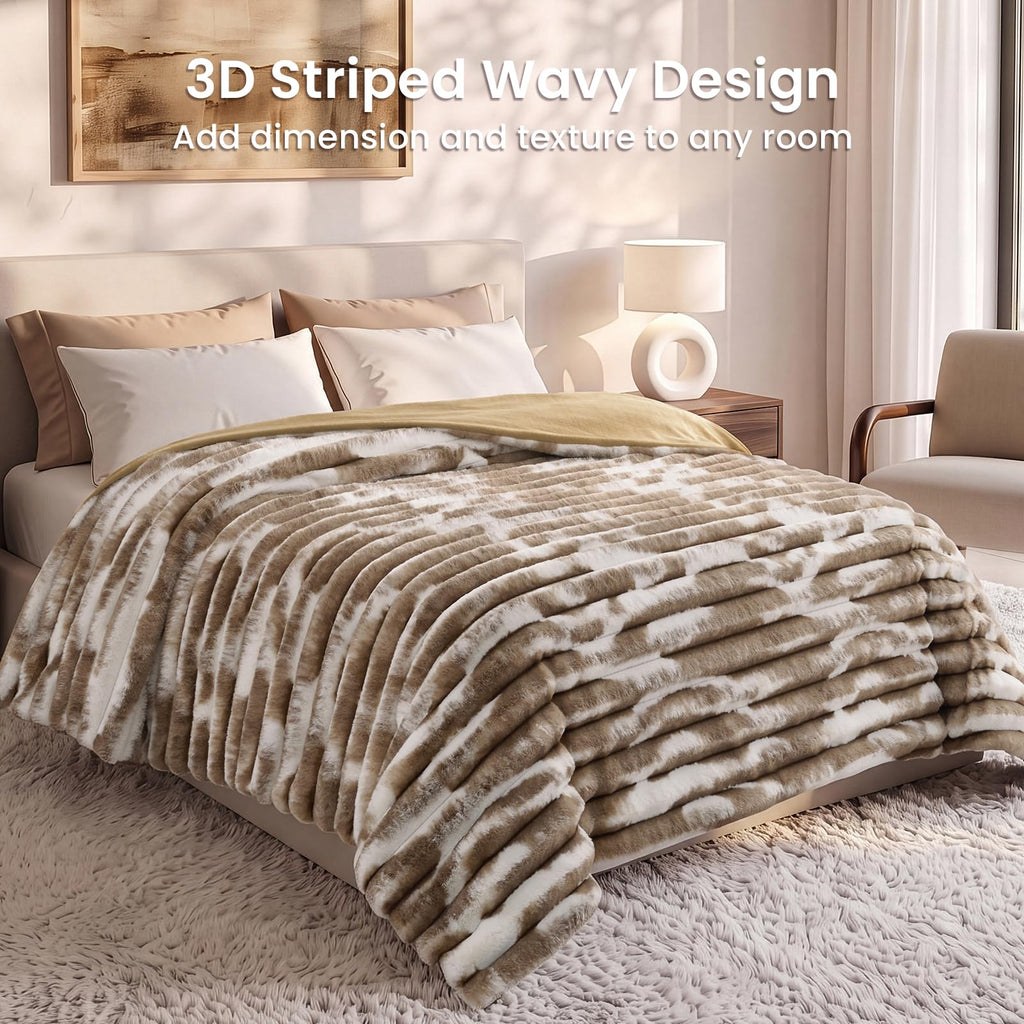 Faux Fur Throw Blanket for Couch, 3D Striped, 50x60 Inches, Taupe