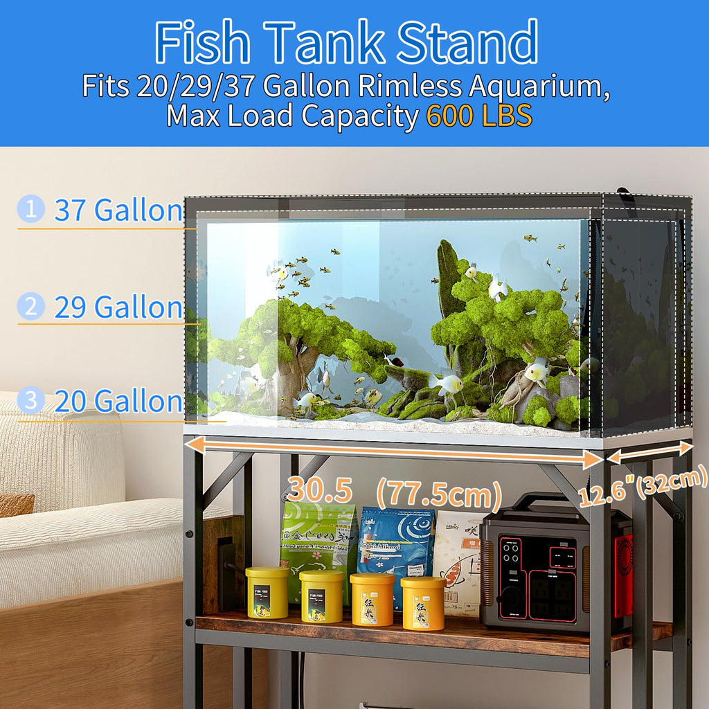 20-29-37 Gallon Fish Tank Stand with Power Outlet, Adjustable Aquarium Stand, Heavy Duty Terrarium Stand, Metal Frame