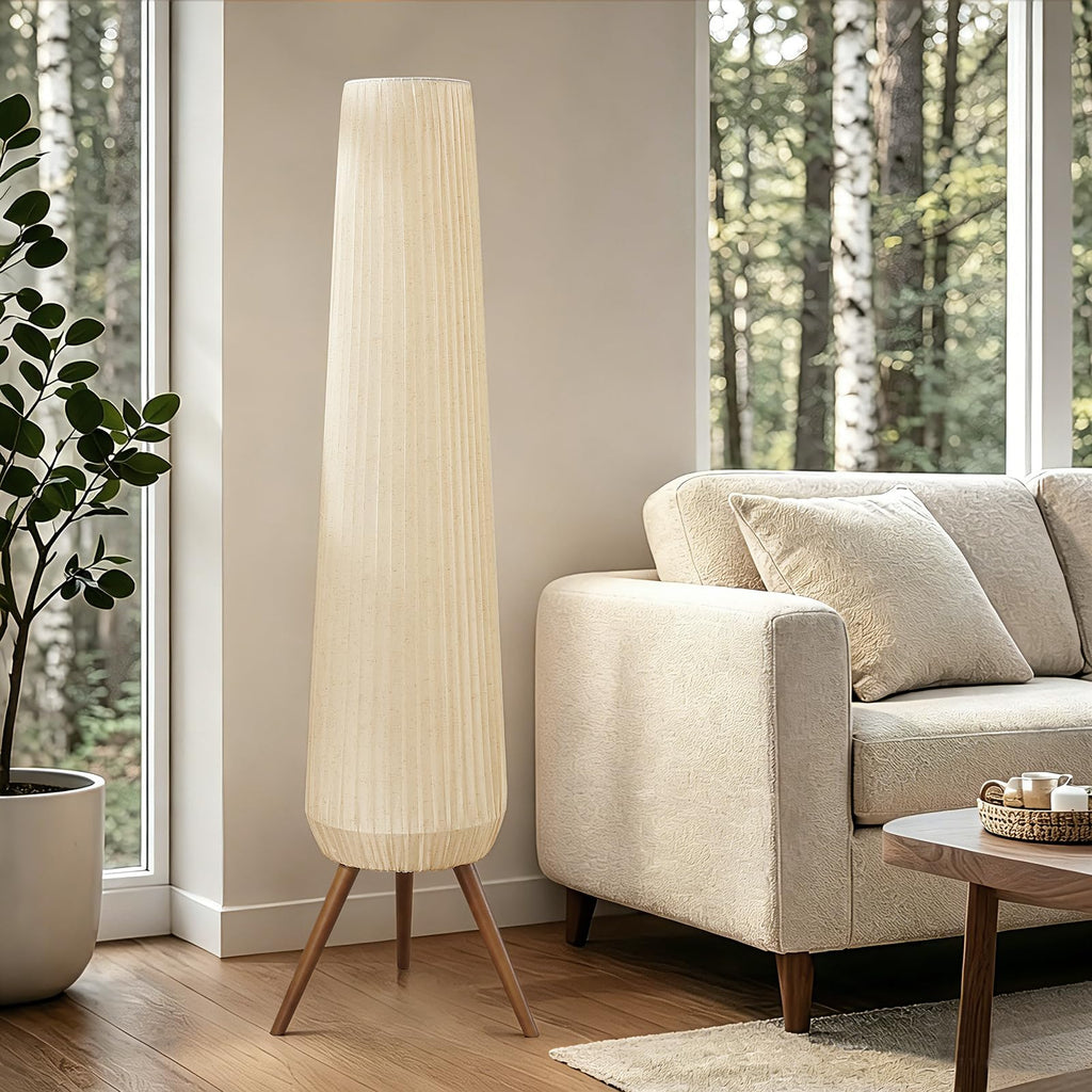 61'' Oatmeal Fabric Pleated Floor Lamp, Walnut Wood Tripod Base