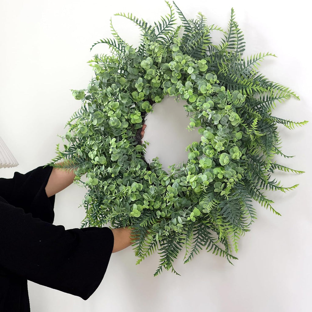 26" Artificial Eucalyptus & Boston Ferns Wreath for Front Door (Gray-Green)