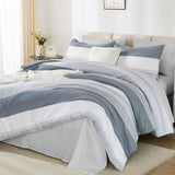 King Comforter Set 7 Pieces - Light Grey Striped Lightweight Bed in a Bag