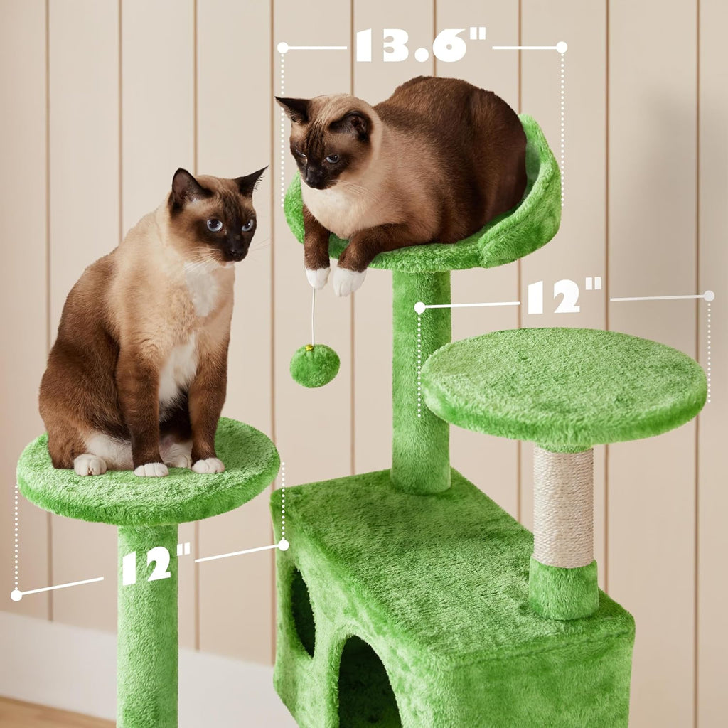 54in Cat Tree Tower, 2 Caves, Kitten-Ear Perch & Scratching Posts