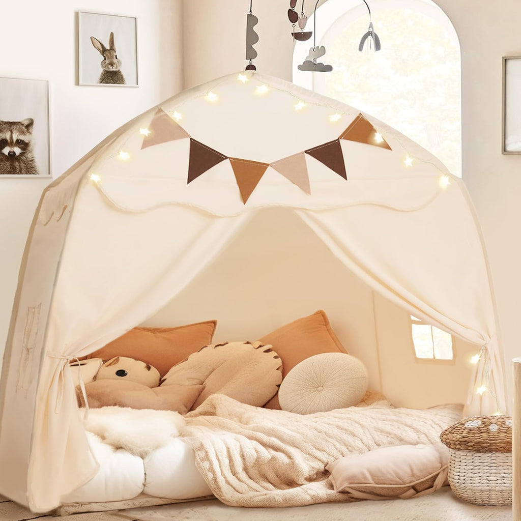 Extra Large Kids Play Tent with Flags & Star Lights, Portable & Foldable Teepee Tents, Dome Tent Playhouse for Indoor
