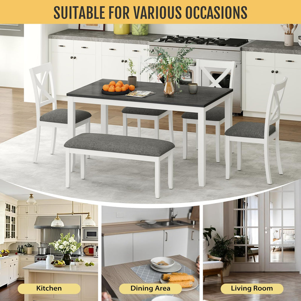 6-Piece Solid Wood Dining Table Set, Wooden Legs, White
