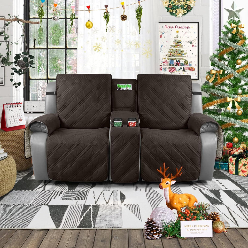 Loveseat Recliner Cover with Center Console, 100% Waterproof Pet Cover for Dual Recliner with Straps Design, Split