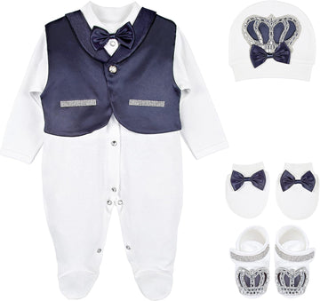 Baby Boy Jewels Crown Tuxedo Outfit Layette 5 Piece Gift Set