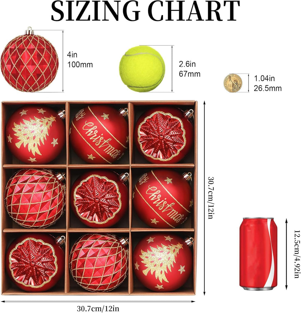 100MM/4 Inch 9PCS Large Christmas Balls Ornaments, Red and Gold