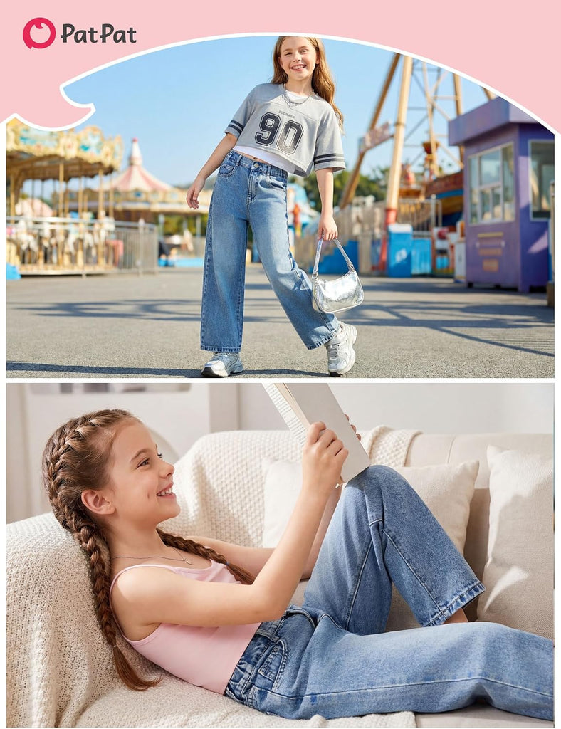 Girls Baggy Wide Leg Jeans, Cute Bow Elastic Waist Denim Pants