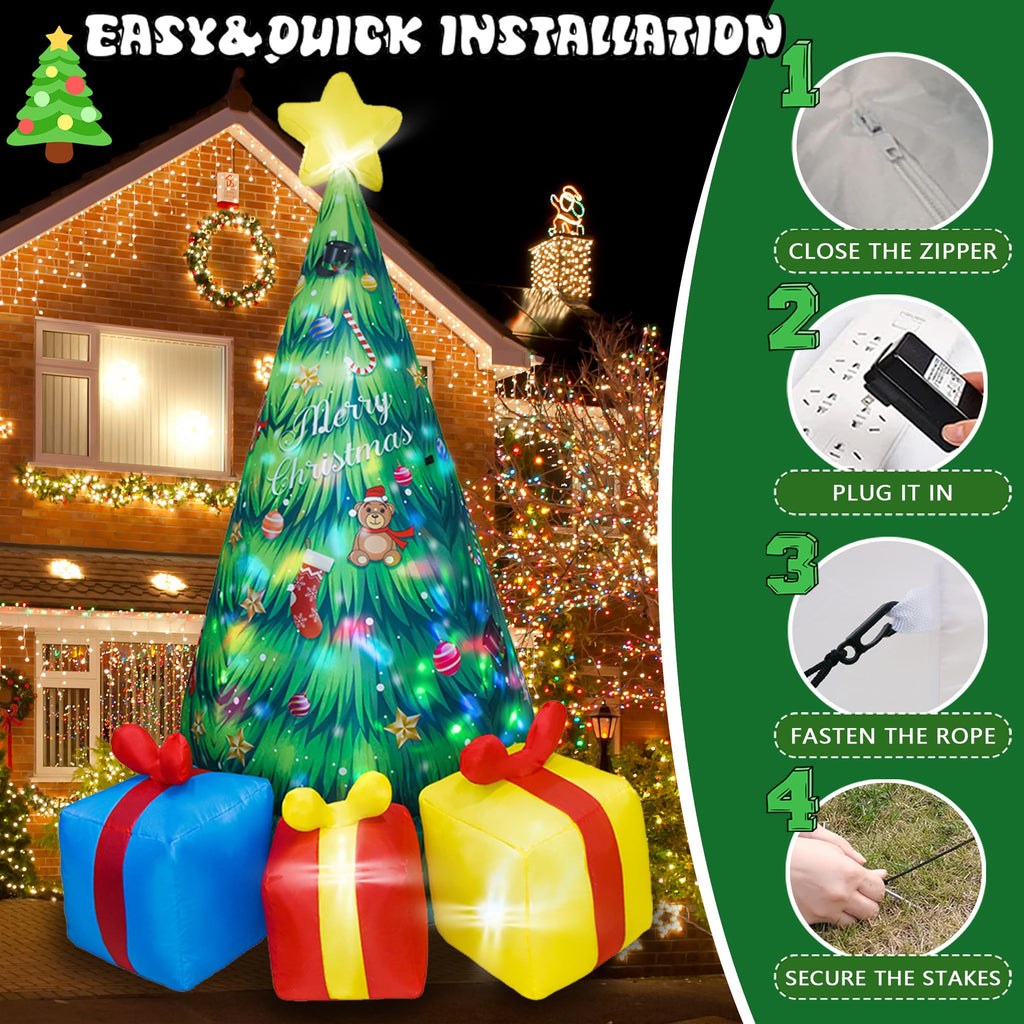 8FT Giant Christmas Inflatable Tree with Rotating LED Lights Inside, Animated Blow Up Xmas Tree with 3 Gift Boxes