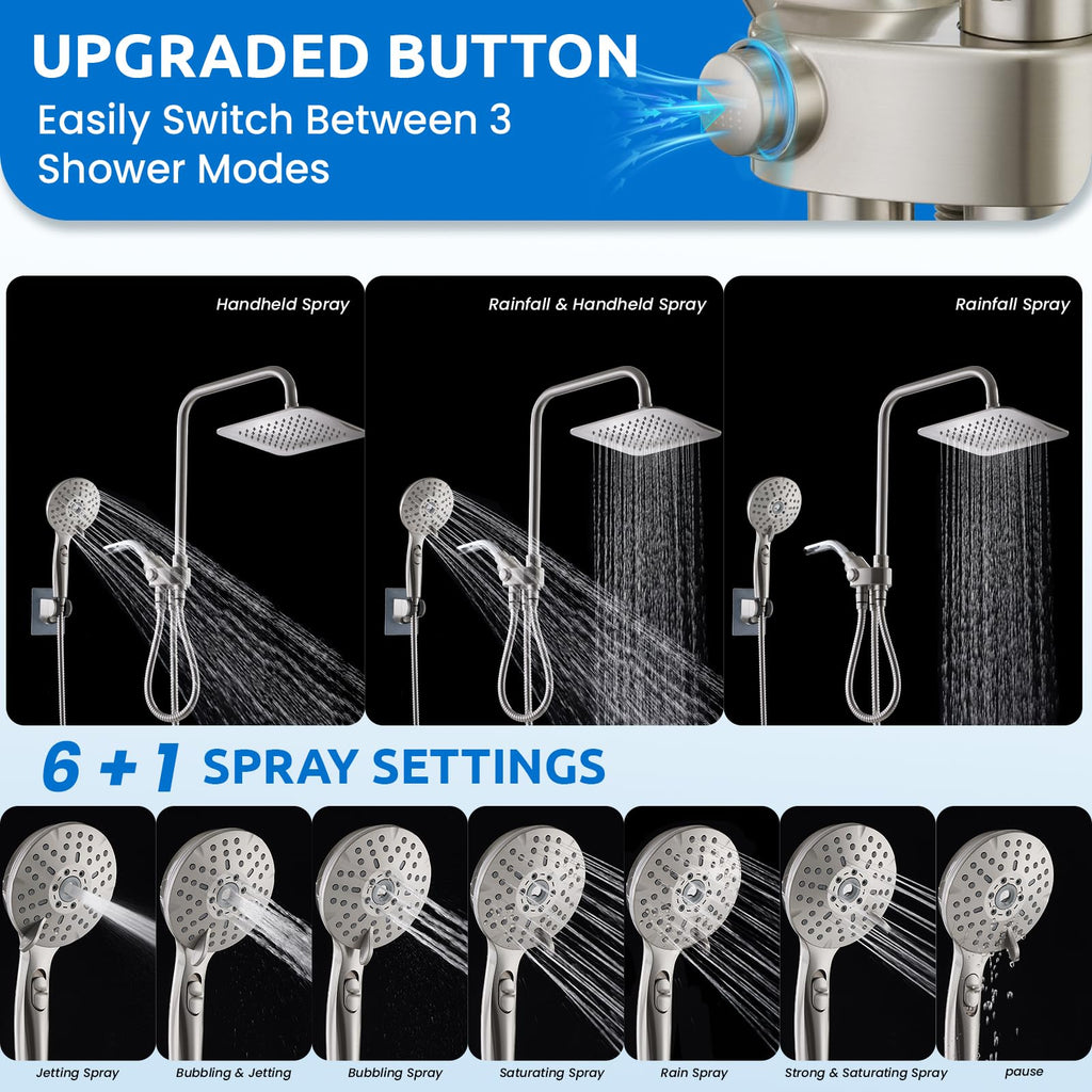 8" Dual Shower Head Combo, High Pressure Rainfall Shower Head with Handheld, 6 Spray Settings Angle Adjustable