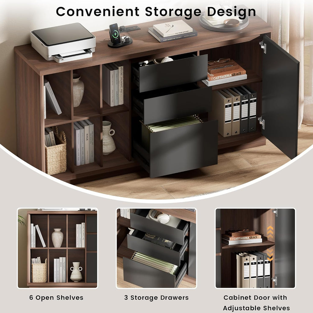 60" File Cabinet with Drawers & Door, Built-in Charging Station | Office Storage Credenza with 6 Open Cubes